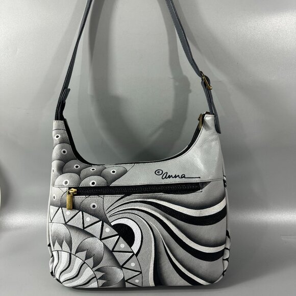 Anna by Anuschka Black/White Floral Leather Hobo Shoulder Bag - Picture 5 of 15